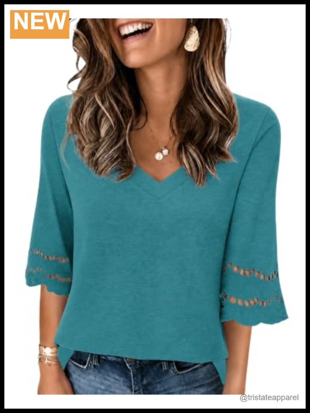 Women's V Neck 3/4 Lace Sleeve Loose Fit T-Shirt